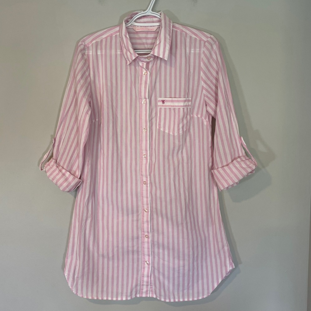 Victoria's Secret S Pink White Striped Button Down Roll Tab Pajama Sleep Shirt